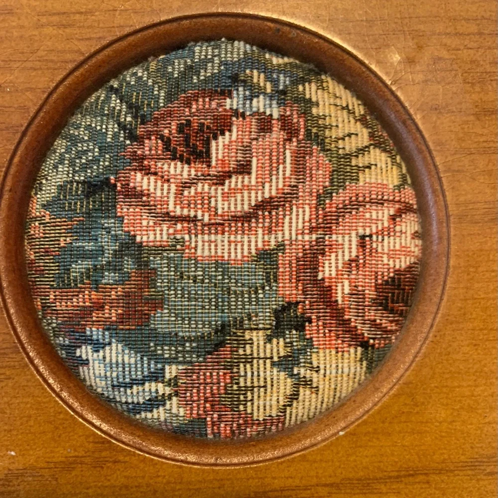 Vintage Cherry Wood jewelry box 6.5”x 7”Needlepoint, Floral Tapestry